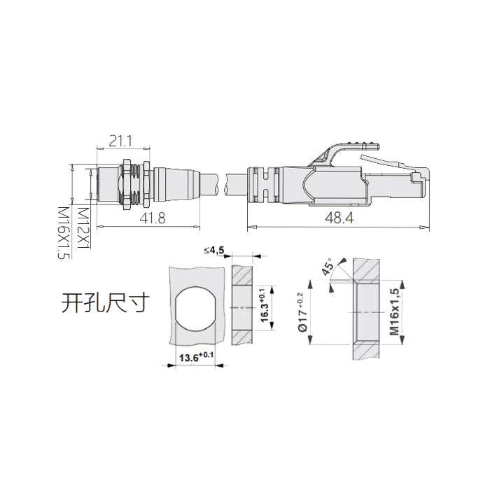 M12 4Pin D-coded、板面法蘭母頭轉(zhuǎn)RJ45公頭直型、雙端預(yù)鑄PVC非柔性電纜、帶屏蔽、黃色護(hù)套、0C4228-XXX